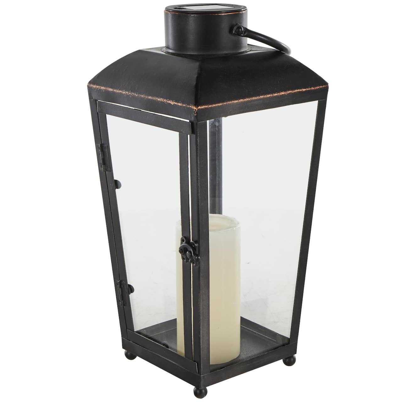 16" Black Metal Modern Candle Lantern with Gold Accents